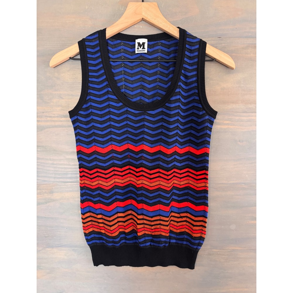 M Missoni Knit Sweater Vest Zigzag Chevron Blue Red Orange Scoop Neck Sleeveless
